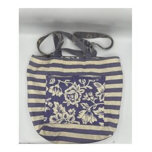 Striped Floral Canvas Tote Bag Shoulder Bag Reversible 16 x 15